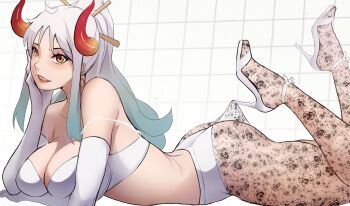 1girl bra breasts curled_horns earrings elbow_gloves feet_up funi_xd gloves hair_ornament hair_stick high_heels highres hooked_on_heel hoop_earrings horns jewelry lace_pantyhose_hooked_on_heel_(meme) large_breasts long_hair lying meme multicolored_hair multicolored_horns on_stomach one_piece oni open-toe_shoes orange_horns pantyhose parted_lips shoes solo underwear white_shoes yamato_(one_piece) yellow_eyes