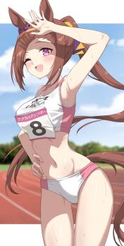 1girl animal_ears brown_hair buruma flower_in_eye highres horse_ears horse_girl horse_tail navel open_mouth pink_eyes ponytail profnote sakura_bakushin_o_(umamusume) solo symbol_in_eye tail umamusume