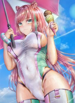 1girl :3 absurdres blue_sky blush breasts closed_mouth cloud commander_kei commentary_request cone_hair_bun covered_erect_nipples covered_navel day diffraction_spikes double_bun flower food from_below green_eyes green_leotard green_streaks green_thighhighs groin hair_bun hair_flower hair_ornament hanatoki_sakura highleg highleg_leotard highres holding holding_food holding_ice_cream_cone holding_umbrella ice_cream ice_cream_cone impossible_clothes impossible_leotard indie_virtual_youtuber large_breasts lens_flare leotard long_hair looking_at_viewer multicolored_hair multicolored_leotard multicolored_thighhighs multiple_scoops outdoors panty_straps pink_flower pink_hair pink_thighhighs pink_umbrella race_queen shiny_skin sideboob skin_tight sky smile solo standing stomach streaked_hair swept_bangs taut_clothes taut_leotard thick_thighs thighhighs thighs two-tone_hair umbrella under_umbrella very_long_hair virtual_youtuber white_leotard white_thighhighs white_umbrella