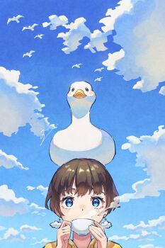 1girl animal animal_on_head bird blue_eyes brown_hair cloud commentary_request cup duck earrings forced_perspective hands_up highres holding holding_cup ito_yoshi jewelry on_head original portrait short_hair signature solo steam steaming_cup teacup very_short_hair wispy_bangs