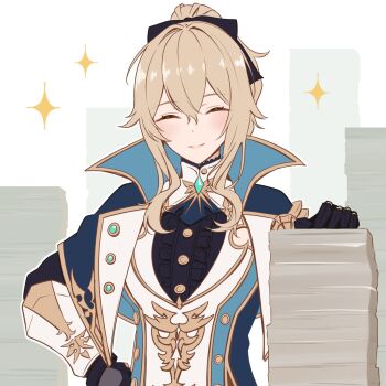 1girl ^_^ black_bow black_gloves black_shirt blonde_hair blue_capelet blue_coat blush bow buttons capelet center_frills closed_eyes closed_mouth coat collared_capelet commentary_request eyelashes frills genshin_impact gloves gold_trim hair_between_eyes hair_bow hand_on_own_hip hand_up high_collar high_ponytail highres jean_(genshin_impact) jean_(gunnhildr's_legacy)_(genshin_impact) lapels long_hair mon-chan open_clothes open_coat paper paper_stack ponytail shirt sidelocks simple_background sleeveless sleeveless_shirt smile solo sparkle upper_body vambraces vest white_background white_vest