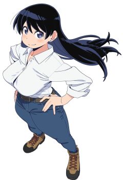 1girl arato_nagi belt black_hair blue_pants blush boots breasts brown_shoes collared_shirt denim dress_shirt ear_piercing earrings floating_hair fujii_shingo highres jeans jewelry large_breasts long_hair official_art pants piercing purple_eyes ruri_no_houseki shirt shoes sleeves_rolled_up smile solo standing stud_earrings white_background white_shirt