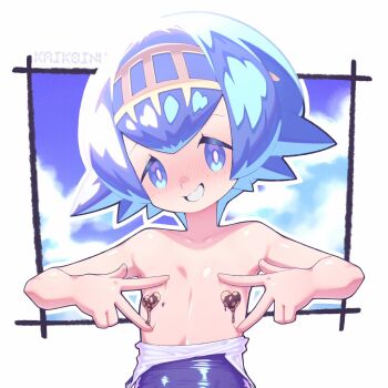 Rule 34 | 1girl, blue eyes, blue hair, blue one-piece swimsuit, blush, chocolate on nipples, clothes pull, double v, embarrassed, eyebrows hidden by hair, flat chest, highres, kaikoinu, lana (pokemon), looking at viewer, nintendo, one-piece swimsuit, one-piece swimsuit pull, open mouth, pokemon, pokemon sm, short hair, smile, solo, swimsuit, teeth, topless female, upper body, v