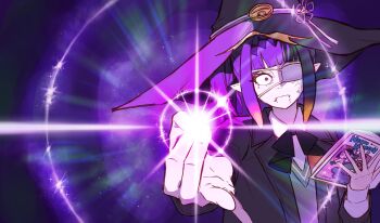 1girl absurdres bobsta01 book eyepatch glowing_finger gojou&#039;s_imaginary_technique hat highres hololive hololive_english medical_eyepatch mole mole_under_eye ninomae_ina&#039;nis ninomae_ina&#039;nis_(school_uniform) open_book pointy_ears purple_eyes purple_hair side_ponytail virtual_youtuber witch_hat