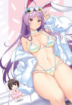 2girls animal_ears aqua_bikini aqua_choker bikini black_hair breasts chibi choker eyewear_on_head hataraki_kuma inaba_tewi innertube jacket large_breasts long_hair looking_at_viewer lop_rabbit_ears multiple_girls one-piece_swimsuit pink_one-piece_swimsuit purple_hair rabbit_ears rabbit_girl reisen_udongein_inaba sitting swim_ring swimsuit touhou white_jacket