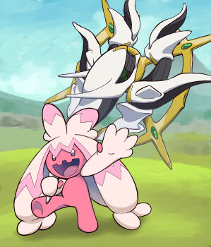 1girl absurdres arceus arm_up artist_request blue_sky corpse gen_4_pokemon hammer happy highres holding holding_hammer huge_weapon legendary_pokemon looking_at_viewer mythical_pokemon nintendo no_humans open_mouth pokemon pokemon_(creature) salute sky smile solo standing tinkaton weapon