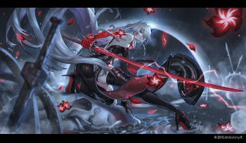 1girl absurdres acheron_(honkai:_star_rail) artist_name asymmetrical_footwear black_choker black_gloves black_shorts bone boots breasts choker cleavage destinyae detached_sleeves falling_petals flower gloves hair_over_one_eye highres holding holding_sword holding_weapon honkai:_star_rail honkai_(series) long_hair looking_at_viewer medium_breasts midriff navel petals rain red_eyes red_flower ripples scabbard sheath sheathed short_shorts shorts single_bare_shoulder solo stomach sword thigh_boots water weapon white_hair