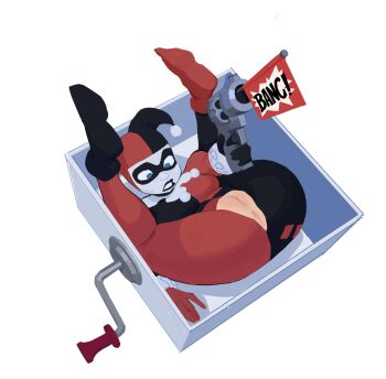 1girl amugea anus arm_up ass batman_(series) black_bodysuit black_lips black_shoes bodysuit box breasts dc_comics domino_mask eye_mask full_body gloves green_eyes gun harley_quinn harley_quinn_(classic) hat highres holding holding_gun holding_weapon jack-in-the-box jester jester_cap makeup mask medium_breasts multicolored_bodysuit pussy red_bodysuit red_shoes shoes simple_background solo teeth torn_bodysuit torn_clothes weapon white_background