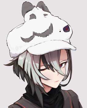 1girl absurdres akaika_(aka) animal_hat arlecchino_(genshin_impact) black_eyes black_hair genshin_impact hat highres looking_at_viewer multicolored_hair one_eye_closed rabbit_hat simple_background smile solo streaked_hair symbol-shaped_pupils white_hair x-shaped_pupils