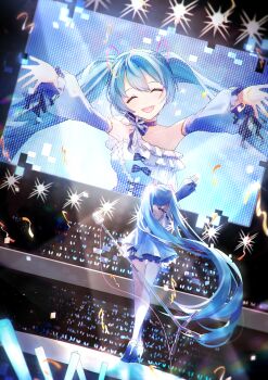 1girl aqua_hair armpits arms_up blue_dress breasts closed_eyes collarbone detached_sleeves dress hair_between_eyes hair_ornament hatsune_miku high_heels highres holding holding_microphone_stand idol idol_clothes lightstick long_hair medium_breasts microphone_stand official_alternate_costume open_mouth screen shiromi smile stage stage_lights thighs vocaloid