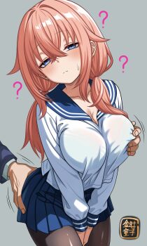 1boy 1girl ? absurdres blue_bra blue_eyes blue_sailor_collar blue_skirt blush bra bra_visible_through_clothes breasts brown_pantyhose cleavage closed_mouth commentary_request cowboy_shot grabbing_another's_ass grabbing_another's_breast grabbing_from_behind grey_background groping highres kira_ura_(kinkoku_warabeji) large_breasts long_hair long_sleeves looking_at_viewer michinoku_komaro no_dickey out_of_frame pantyhose pink_hair pleated_skirt sailor_collar school_uniform seitokai_ni_mo_ana_wa_aru! serafuku shirt simple_background skirt solo_focus sweat underwear white_shirt