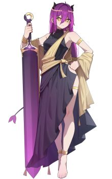 Rule 34 | 1girl, absurdres, armlet, bare shoulders, barefoot, black dress, blush, closed mouth, commentary request, commission, dress, full body, h.pn, hair between eyes, hand on own hip, highres, holding, holding sword, holding weapon, jewelry, korean commentary, long hair, looking at viewer, original, purple hair, sleeveless, sleeveless dress, smile, solo, standing, sword, transparent background, weapon, yellow eyes