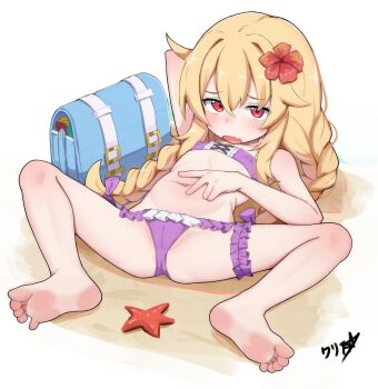 1girl absurdres bag barefoot beach bikini blonde_hair blue_bag blush boppin bow braid cameltoe commentary commission condom condom_wrapper covered_erect_nipples fang feet flat_chest flower frilled_thigh_strap full_body hair_bow hair_flower hair_ornament highres little_witch_nobeta loli long_hair looking_at_viewer lying navel nobeta on_back open_mouth purple_bikini purple_bow red_eyes red_flower sand signature skin_fang soles solo spread_legs starfish strapless strapless_bikini swimsuit thigh_strap toes twin_braids unworn_bag