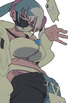 1girl aqua_hair aqua_pants bandeau black_mask black_pants blonde_hair blue_eyes breasts canari_(pokemon) collarbone dark-skinned_female dark_skin highres jacket kandench29 large_breasts long_sleeves looking_at_viewer mask mouth_mask multicolored_hair nintendo pants pokemon pokemon_legends:_z-a simple_background solo twintails two-tone_hair two-tone_mask white_background yellow_bandeau yellow_jacket