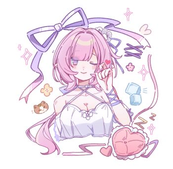 1girl ;) bare_shoulders blue_eyes breasts can_(honkai_impact) cat cleavage crop_top elf elysia_(honkai_impact) heart heart-shaped_pillow highres honkai_(series) honkai_impact_3rd ice ice_cube looking_at_viewer medium_hair one_eye_closed pillow pink_hair pointy_ears simple_background smile solo textless_version yinanhuahua