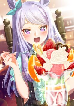 1girl animal_ears aqua_bow aqua_shirt black_skirt blush bow center_frills chair chocolate commentary_request dated_commentary ear_bow ear_ribbon food frills fruit highres holding holding_spoon horse_ears horse_girl long_hair looking_at_viewer mejiro_mcqueen_(umamusume) open_mouth orange_(fruit) otono_(bkt4b) paku_paku_desuwa parfait puffy_short_sleeves puffy_sleeves purple_eyes purple_hair shirt short_sleeves sitting skirt smile solo spoon strawberry suspender_skirt suspenders umamusume whipped_cream