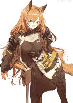 1girl :d absurdres animal_ears arknights belt blonde_hair boots breasts brown_boots brown_dress brown_eyes brown_jacket ceobe_(arknights) commentary dated dog_ears dog_girl dog_tail dress english_commentary fang feet_out_of_frame gloves hair_between_eyes hair_flowing_over highres invisible_wall jacket lace-up_boots large_breasts leaning_on_object light_blush long_hair long_sidelocks looking_at_viewer material_growth open_clothes open_jacket open_mouth orange_gloves oripathy_lesion_(arknights) pencil_dress pppmepl short_dress sidelocks signature skin_fang sleeves_past_wrists smile solo tail thigh_boots thighhighs very_long_hair white_background white_belt yellow_tail zettai_ryouiki
