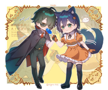1boy 1girl absurdres afterimage ahoge alternate_costume animal_ear_fluff animal_ears artist_name belle_(zenless_zone_zero) bilingual_text black_cape black_shoes black_thighhighs blue_hair blue_tail candy cape commentary detached_collar dress edogawa_kigoro english_text food formal_clothes frilled_dress frilled_gloves frills full_body gloves green_eyes green_gloves green_hair green_pants green_suit hair_between_eyes hair_ornament halloween hetero highres holding holding_candy holding_food holding_hands holding_lollipop jack-o&#039;-lantern letter_hair_ornament lighter_(zenless_zone_zero) lollipop lollipop_in_mouth mixed-language_text motion_lines orange_dress orange_gloves pants pumpkin shirt shoes short_hair sleeves_rolled_up sound_effects speech_bubble spoken_expression suit sunglasses symbol-only_commentary tail tail_wagging thighhighs twitter_username white_shirt yellow_background zenless_zone_zero