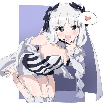 1girl absurdres bare_shoulders black_bow black_eyes blush bow braid breasts cleavage collar colored_inner_hair commentary detached_sleeves doridor dress fate/strange_fake fate_(series) francesca_prelati_(fate) frilled_collar frills garter_straps grey_hair hair_bow heart highres leaning_forward long_hair looking_at_viewer medium_breasts multicolored_hair open_mouth panties parted_bangs ringed_eyes sidelocks smile solo striped_clothes striped_dress thighhighs thighs underwear white_dress white_hair white_panties white_thighhighs