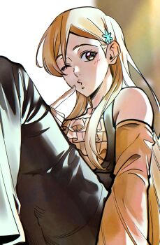 1girl bare_shoulders bleach breasts brown_eyes collarbone detached_sleeves female_focus hair_ornament hairclip highres inoue_orihime light_blush lips long_hair n_(nauki_11) one_eye_closed orange_hair simple_background sitting snowflake_hair_ornament