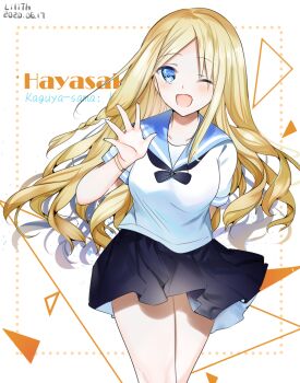 1girl artist_name black_bow black_bowtie black_skirt blonde_hair blue_eyes blue_sailor_collar blush bow bowtie character_name commentary_request copyright_name dated feet_out_of_frame hand_up hayasaka_ai kaguya-sama_wa_kokurasetai_~tensai-tachi_no_renai_zunousen~ lilith_ker long_hair miniskirt official_alternate_costume official_alternate_hairstyle one_eye_closed open_mouth parted_bangs sailor_collar school_uniform serafuku shirt short_sleeves simple_background skirt smile smithee_a._haysaca solo standing very_long_hair wavy_hair white_background white_shirt