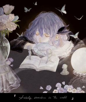 Rule 34 | 1girl, blue hair, book, bug, butterfly, butterfly hair ornament, ciel (kamitsubaki studio), closed eyes, commentary request, dress, english text, flower, hair ornament, highres, insect, kamitsubaki studio, medium hair, mini person, miniboy, minigirl, rose, shirone (coxo ii), sleeping, vase