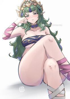 1girl absurdres arm_wrap bandeau blush breasts chascoby choker cleavage collarbone crop_top crossed_legs fire_emblem fire_emblem:_fortune&#039;s_weave green_eyes green_hair hair_ornament head_rest headpiece highres large_breasts leg_wrap long_hair looking_at_viewer nintendo parted_lips pink_ribbon pointy_ears purple_bandeau purple_choker ribbon simple_background sitting solo sothis_(adult)_(fire_emblem) sothis_(fire_emblem) tassel tassel_hair_ornament thighs tiara white_background white_ribbon