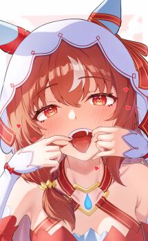 1girl 1m5papa absurdres animal_ears blush breasts brown_hair chinese_commentary collarbone commentary detached_sleeves hair_between_eyes hair_ornament heart heart-shaped_pupils highres horse_ears horse_girl horse_tail looking_at_viewer open_mouth portrait red_eyes small_breasts solo still_in_love_(umamusume) symbol-shaped_pupils tail teeth umamusume upper_teeth_only veil white_background