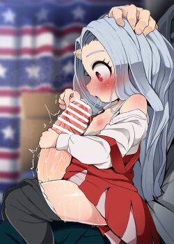 1boy 1girl age_difference bar_censor blush boku_no_hero_academia breasts censored clothes_pull dagasi dress erection eri_(boku_no_hero_academia) from_side grey_hair hand_on_another&#039;s_head hetero highres horns leggings legs loli long_hair midoriya_izuku nipples open_mouth panties pants pants_pull panty_pull penis penis_grab precum profile red_eyes single_horn sitting sitting_on_lap sitting_on_person small_breasts solo_focus surprised sweat thighs underwear