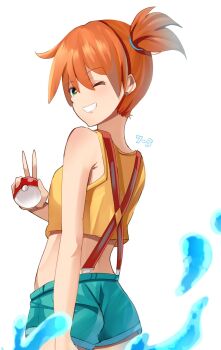 1girl ;d aqua_shorts ass asymmetrical_hair bare_arms crop_top daweykun from_behind green_eyes green_shorts grin hair_between_eyes hair_tie hand_up highres holding holding_poke_ball looking_at_viewer looking_back midriff misty_(pokemon) nintendo one_eye_closed open_mouth orange_hair poke_ball poke_ball_(basic) pokemon pokemon_(anime) pokemon_(classic_anime) ponytail shirt short_hair short_shorts shorts side_ponytail sleeveless sleeveless_shirt smile solo standing suspender_shorts suspenders teeth v water wink yellow_shirt
