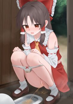 1girl ascot bar_censor blush bow brown_eyes brown_hair brown_shoes censored commentary_request dakuazu detached_sleeves frilled_bow frilled_hair_tubes frills hair_bow hair_tubes hakurei_reimu highres long_hair mary_janes open_mouth paid_reward_available panties panty_pull pee pee_puddle pee_stain peeing pussy red_bow red_skirt ribbon-trimmed_sleeves ribbon_trim shoes skirt skirt_set socks solo squat_toilet squatting stained_panties toilet_use touhou underwear white_panties white_socks yellow_ascot