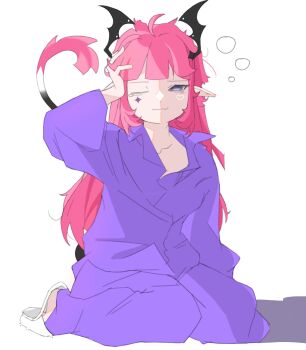 Rule 34 | 1girl, absurdres, ahoge, camila (vtuber), choguette, commentary, diamond facial mark, english commentary, eyelashes, facial mark, full body, hand on own head, head wings, heart, heart facial mark, highres, indie virtual youtuber, kneeling, long hair, one eye closed, pajamas, pants, pink hair, pointy ears, purple eyes, purple pajamas, purple pants, purple shirt, shirt, simple background, single tear, sleepy, slippers, solo, tail, virtual youtuber, white background, white slippers, wings