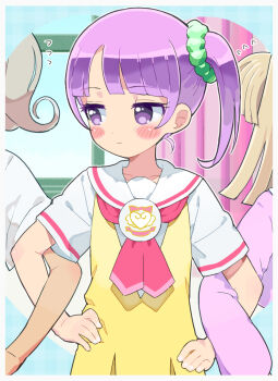 3girls blunt_bangs blush_stickers collared_shirt commentary_request curtains dress flying_sweatdrops green_scrunchie hair_ornament hair_scrunchie hands_on_own_hips highres locked_arms looking_to_the_side manaka_non manaka_non_(normal) moudoku_(decopon3rd) multiple_girls neckerchief out_of_frame paprika_private_academy_school_uniform pink_neckerchief pretty_series pripara purple_eyes purple_hair sailor_collar school_uniform scrunchie shirt short_hair short_sleeves side_ponytail solo_focus standing taiyo_pepper tsukikawa_chili tsukikawa_chili_(normal) white_sailor_collar white_shirt window yellow_dress