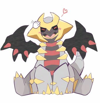 1other absurdres alternate_form blush closed_eyes facing_viewer gen_4_pokemon giratina giratina_(altered) headpat heart highres komanychi legendary_pokemon nintendo open_mouth pokemon pokemon_(creature) pokemon_focus simple_background sitting smile white_background wings