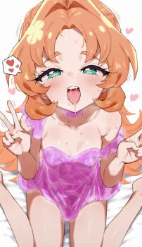 1girl akechi_anna blush breasts choker collarbone double_v dress drooling green_eyes hair_intakes heart heart-shaped_pupils heart_in_eye loli long_hair looking_at_viewer meitantei_precure! mo_(boo1719501boo) open_mouth oral_invitation orange_hair pink_choker pink_dress precure saliva simple_background sitting small_breasts solo spoken_heart sweat symbol-shaped_pupils symbol_in_eye teeth tongue tongue_out upper_teeth_only v wariza white_background