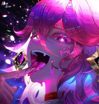 1girl animal_ears artist_name blue_hair bright_pupils choker colored_inner_hair commentary earrings english_commentary fangs fingernails fox_ears fox_girl genshin_impact gold_earrings hair_between_eyes hand_up highres jewelry long_fingernails long_hair looking_at_viewer multicolored_hair nail_polish nomn_722 open_mouth pink_eyes pink_hair pink_nails purple_background red_choker smile solo star-shaped_pupils star_(symbol) symbol-shaped_pupils teeth tongue tongue_out white_pupils yae_miko