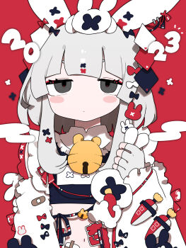 1girl 2023 absurdres animal_ears bandaid bandaid_on_arm bell black_eyes blue_bow blunt_bangs blush_stickers bow carrot_pin chinese_zodiac closed_mouth commentary crop_top dress expressionless fake_animal_ears fingerless_gloves gloves hair_bow hair_ornament highres holding holding_stuffed_toy looking_at_viewer navel neck_bell nukunuku_nigirimeshi original pale_skin rabbit_ears red_background red_bow red_ribbon ribbon solo stuffed_animal stuffed_rabbit stuffed_toy white_bow white_dress white_gloves white_hair x_(symbol) x_hair_ornament year_of_the_rabbit
