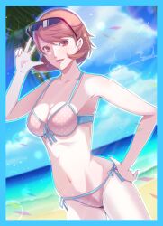 Rule 34 | 1girl, adapted costume, bare arms, bare shoulders, beach, bikini, blue border, blue sky, blurry, blurry background, border, breasts, brown eyes, brown hair, closed mouth, cloud, cloudy sky, collarbone, commentary request, confetti, corner50777313, cowboy shot, day, earrings, eyewear on head, front-tie bikini top, front-tie top, halterneck, hand on own hip, hand up, highres, horizon, jewelry, looking at viewer, medium breasts, navel, ocean, outdoors, palm tree, parted lips, pearl earrings, persona, persona 3, persona 3 reload, pink bikini, sand, short hair, side-tie bikini bottom, sky, smile, solo, stomach, stud earrings, sunglasses, swept bangs, swimsuit, takeba yukari, tree, v