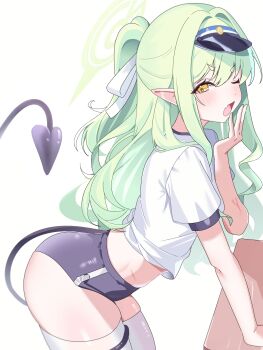 Rule 34 | 1girl, ;o, absurdres, alternate costume, ass, black buruma, blue archive, blush, buruma, commentary, cropped shirt, demon tail, fang, green hair, half updo, halo, highres, hikari (blue archive), leaning forward, looking at viewer, one eye closed, pointy ears, poko050498, shirt, short sleeves, skin fang, skindentation, solo, tail, tail around own leg, thighhighs, visor cap, white shirt, white thighhighs, yellow eyes