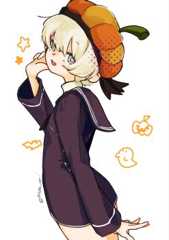 1girl blonde_hair blue_eyes commentary_request dress hair_between_eyes halloween hat highres kantai_collection kusomisoni long_sleeves looking_at_viewer open_mouth pumpkin_hat purple_dress purple_sailor_collar sailor_collar sailor_dress short_dress short_hair simple_background solo star_(symbol) twitter_username white_background z1_leberecht_maass_(kancolle)