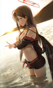 1girl absurdres bikini black_bikini black_hair blue_archive breasts cleavage commentary_request cowboy_shot eyewear_on_head from_side hair_behind_ear hair_ornament hairclip halo hidulume highres ichika_(blue_archive) ichika_(swimsuit)_(blue_archive) long_hair looking_at_viewer looking_to_the_side navel panties parallel_hairclips profile signature smile solo sun sunglasses swimsuit underwear v water