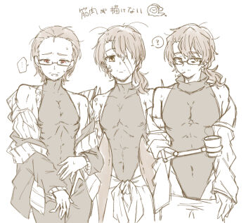 Rule 34 | ..., 3boys, ?, absurdres, ahoge, alternate costume, amputee, antennae, arthropod boy, arthropod limbs, bags under eyes, bandage on face, bandage over one eye, bandaged head, bandages, bare shoulders, beard stubble, black-framed eyewear, black-framed glasses, black coat, black leotard, black pants, brown eyes, brown hair, cigarette, clock, closed mouth, clothes around waist, clothes pull, coat, cockroach boy, coffee, collarbone, collared jacket, collared shirt, covered abs, covered collarbone, covered navel, covered pectorals, cowboy shot, cup, dante (limbus company), disposable coffee cup, disposable cup, expressionless, facial hair, fang, fire, forehead, formal clothes, g corp. (identity) (project moon), glasses, gloves, gregor (project moon), greyscale, hair intakes, hair over one eye, hair slicked back, heattech leotard, high collar, highleg, highres, holding, holding cup, jacket, jacket around waist, jitome, joints, la manchaland (identity) (project moon), leotard, leotard under clothes, lily26983455, limbus company, limited palette, long hair, long sleeves, looking at viewer, looking down, looking to the side, low ponytail, male focus, mechanical arms, melting, monochrome, monster boy, motion lines, mouth hold, multiple boys, multiple persona, object head, off-shoulder coat, off-shoulder jacket, off-shoulder shirt, off shoulder, official alternate costume, one eye covered, open clothes, open jacket, open mouth, open shirt, pants, pants pull, parted bangs, pectorals, pinstripe pattern, ponytail, project moon, prosthesis, prosthetic arm, prosthetic head, red eyes, ribbed shirt, rosespanner workshop (identity) (project moon), sanpaku, scarf, semi-rimless eyewear, shirt, short hair, simple background, single glove, single mechanical arm, sketch, skin fang, skin tight, sleeveless, sleeves rolled up, smoking, speech bubble, spoken ellipsis, spoken question mark, standing, stole, striped clothes, striped scarf, stubble, suit, sweat, sweatdrop, toned, toned male, turtleneck, turtleneck shirt, unbuttoned, unbuttoned pants, under-rim eyewear, wavy mouth, white background