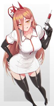 1girl :p alternate_costume black_gloves black_thighhighs border breasts chainsaw_man closed_mouth commentary contrapposto cross-shaped_pupils dress elbow_gloves from_above garter_straps gloves grey_background hair_between_eyes hand_on_own_hip hat highres holding holding_syringe horns long_hair looking_at_viewer medium_breasts naughty_face nurse nurse_cap odoro_(nicoseiga81184094) orange_eyes orange_hair power_(chainsaw_man) short_dress simple_background smile solo symbol-shaped_pupils syringe thighhighs tongue tongue_out white_border white_dress