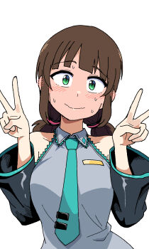 1girl aqua_nails bare_shoulders blush breasts brown_hair commentary_request cosplay detached_sleeves double_v ear_blush full-face_blush galois green_eyes grey_shirt hatsune_miku hatsune_miku_(cosplay) highres korean_commentary large_breasts original shirt sleeveless sleeveless_shirt solo sweat textless_version upper_body v vocaloid