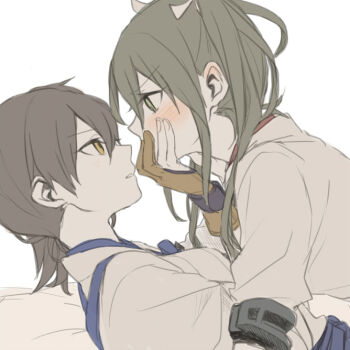 10s 2girls black_hair blush eye_contact female_focus flat_color green_eyes green_hair interrupted japanese_clothes kaga_(kancolle) kantai_collection long_hair looking_at_another multiple_girls pushing_away ree_(re-19) rejected_kiss upper_body white_background yellow_eyes yuri zuikaku_(kancolle)