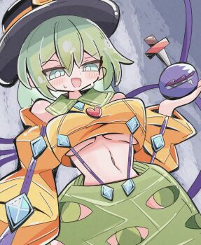 1girl absurdres aqua_eyes bare_shoulders black_hat blush breasts bright_pupils clothing_cutout commentary_request green_hair green_skirt grey_background hat highres knife komeiji_koishi kurakurasiteru midriff navel open_mouth puffy_sleeves short_hair skirt solo sweat third_eye touhou underboob white_pupils