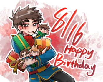 1boy animification beard_stubble belt birthday black_pants blue_coat box brown_eyes brown_hair buwangchuxingaoyixin character_doll chinese_commentary cigarette coat commentary_request doll edd_(eddsworld) eddsworld english_text facial_hair gift gift_box happy_birthday holding holding_box holding_gift male_focus mouth_hold outline pants patryck_(eddsworld) paul_(eddsworld) red_belt red_sweater scar scar_across_eye scar_on_face short_hair solo stubble sweater thick_eyebrows tord_(eddsworld) turtleneck turtleneck_sweater white_outline