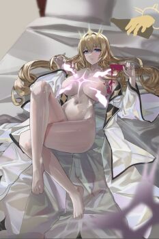 1girl barefoot blonde_hair blue_eyes breasts commentary_request convenient_censoring crossed_legs crown crown_(naked_king)_(nikke) crown_(nikke) cup disembodied_hand disgustingtokki drill_hair feet goddess_of_victory:_nikke holding holding_cup korean_commentary large_breasts lying naked_shirt navel official_alternate_costume on_back on_bed open_clothes open_shirt shirt solo spilling stomach toes white_shirt