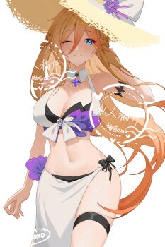 1girl ;) absurdres bikini black_bikini blonde_hair blue_eyes breasts chinese_commentary commentary_request durandal_(honkai_impact) hat highres honkai_(series) honkai_impact_3rd large_breasts long_hair medium_hair midriff navel one_eye_closed sarong smile solo straw_hat swimsuit thigh_strap thighs transparent_background very_long_hair watermark white_sarong youmiao_oxo