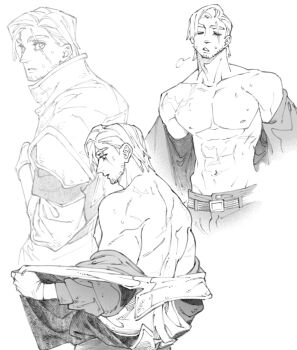 1boy abs back bara bare_pectorals beard_stubble closed_eyes facial_hair gachiakuta greyscale gris_rubion highres male_focus monochrome multiple_views muscular muscular_male nipples open_clothes pectorals scar scar_across_eye scar_on_face short_hair stubble tamasaburo_(braudraws)